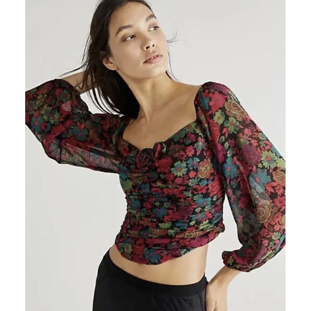 Free People Oh Lala Top Blouse Black Floral Combo Size Small MSRP $128 NWT